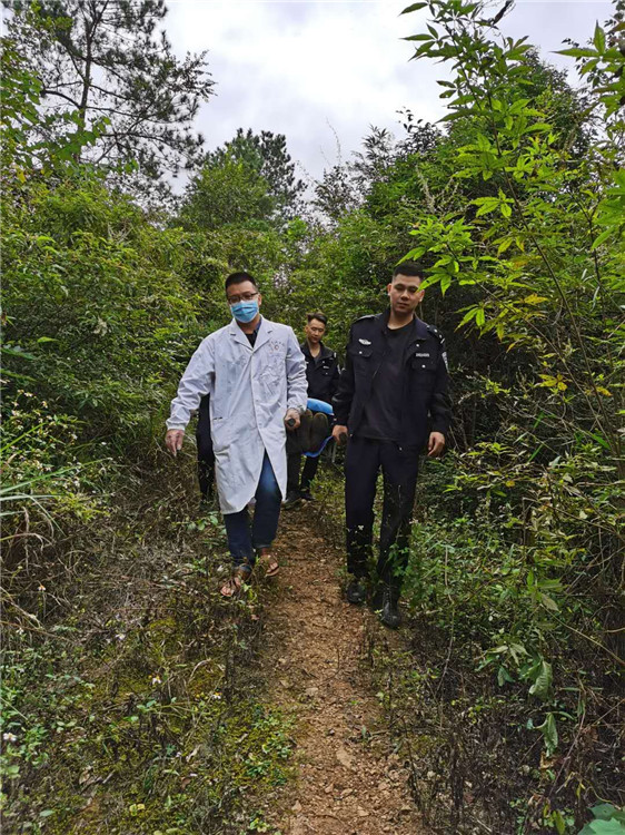 杜步镇警医人员披荆斩棘开路，争分夺秒合力营救受伤的老人。（通讯员供图）.jpg